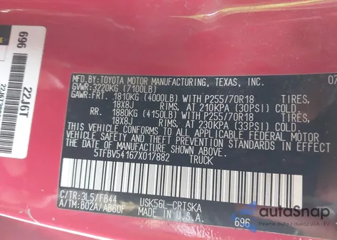 2007 Toyota Tundra Sr5 5.7L V8 из США, поврежденный, VIN 5TFBV54167X017882